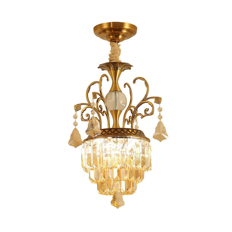 Vintage Crystal Chandelier Light Fixture with Swirl Arm - Brass, 4 Heads for Corridors