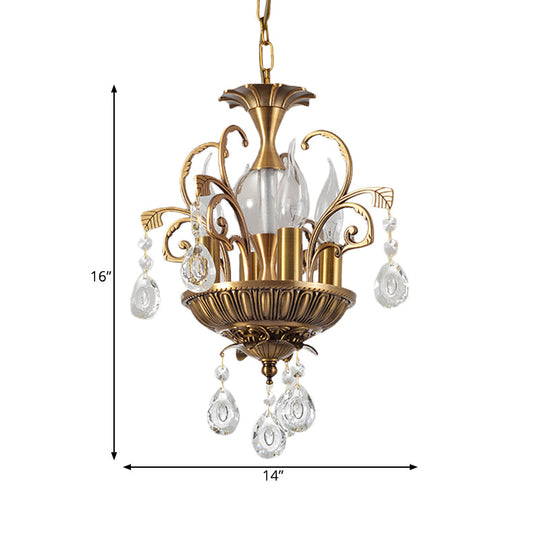Vintage Crystal Chandelier Light Fixture with Swirl Arm - Brass, 4 Heads for Corridors