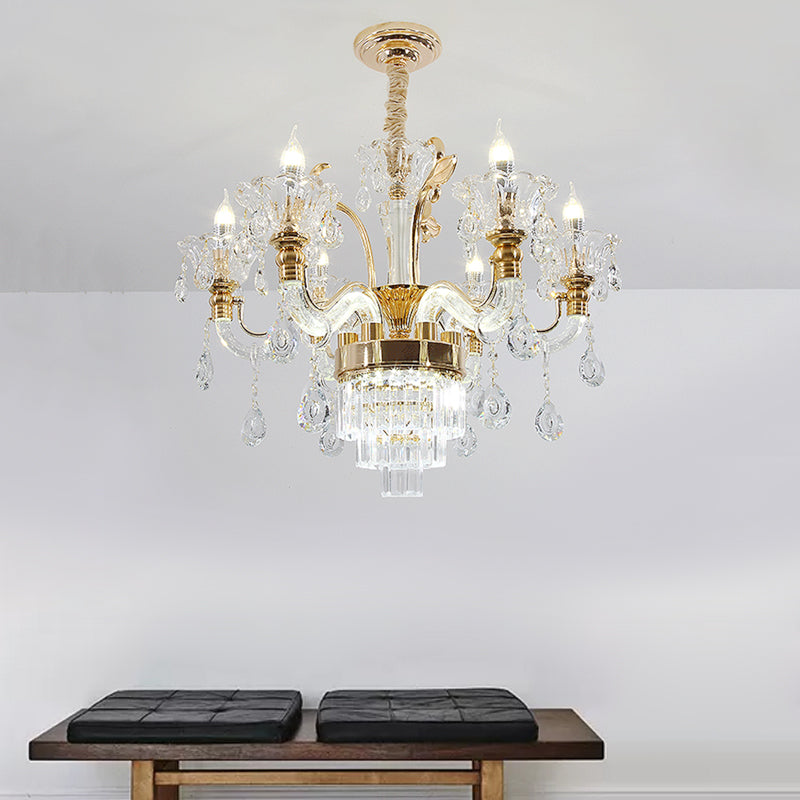 Traditional 6-Light Candelabra Chandelier in Gold with Clear Glass and Crystal Accent - Dining Room Ceiling Suspension Lamp