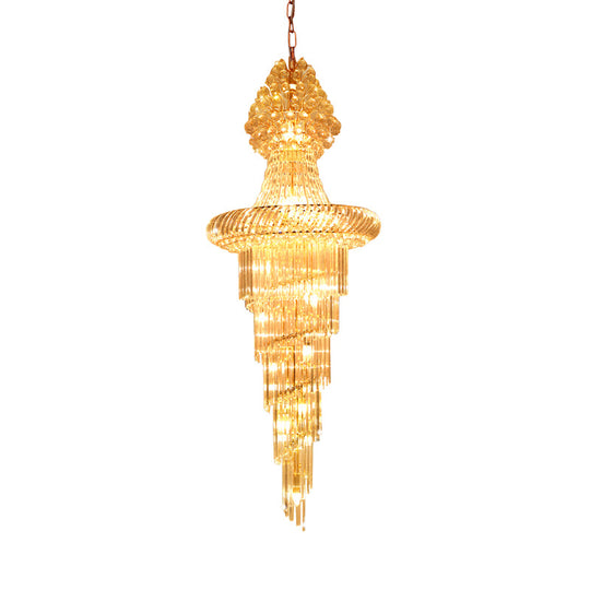 Modern Crystal Hall Chandelier - Layered Cone Design with 14 Gold Pendant Lights