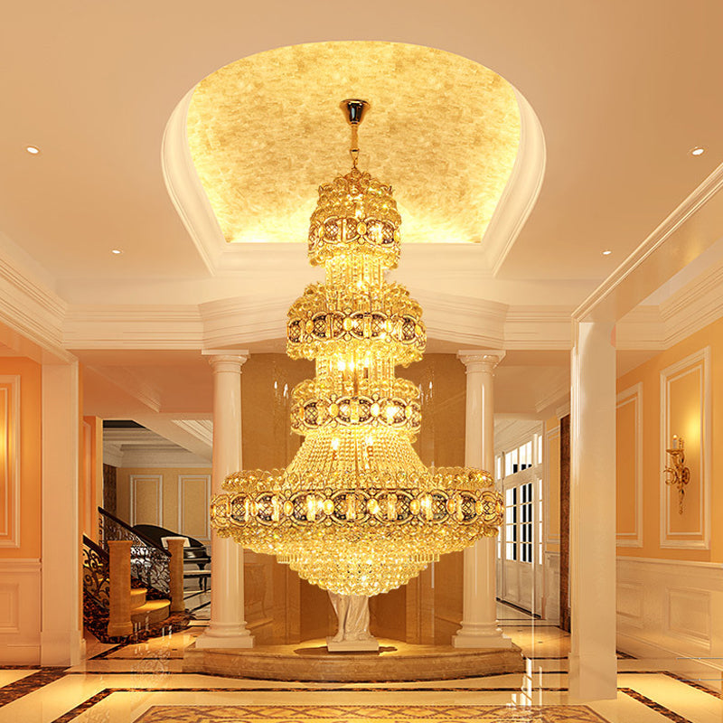Opulent Crystal Led Chandelier Modern Stylish 4 Tiers Gold Finish Ideal For Lobby Or Ceiling Hanging