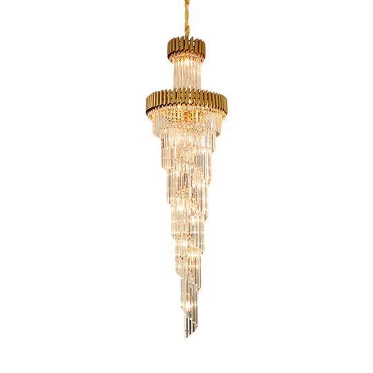 Contemporary 14-Light Spiral Crystal Prism Chandelier, Black/Brass, Perfect for Banquet Halls