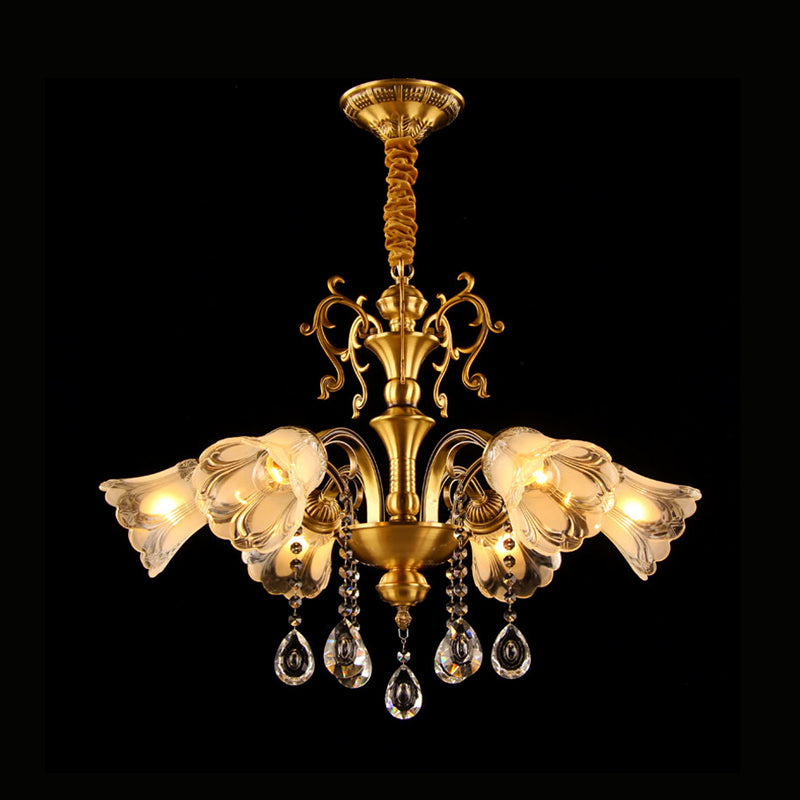 Retro Clear Glass Flower Pendant Chandelier - 6 Light Brass Hanging Lamp with Crystal Drape for Living Room