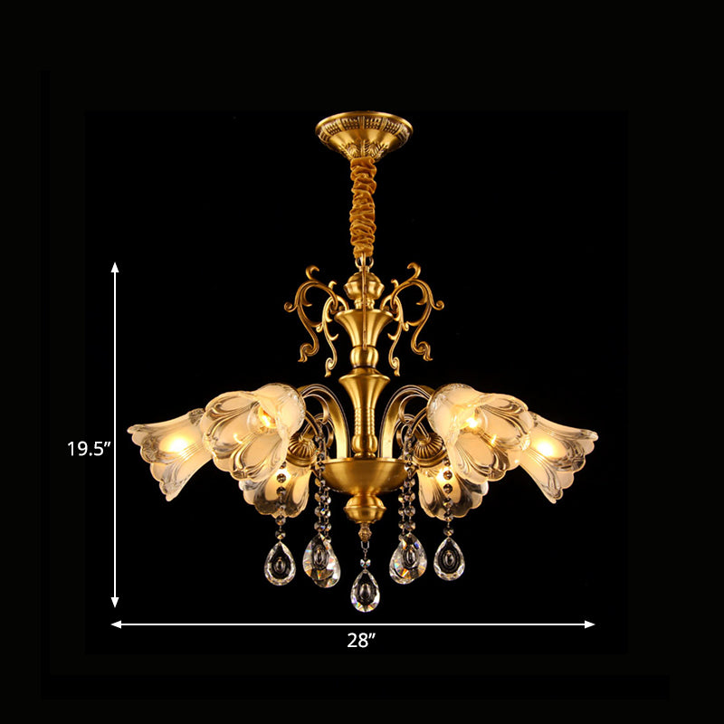 Retro Brass Flower Pendant Chandelier: Clear Glass 6 Lights Crystal Drape - Ideal For Living Rooms