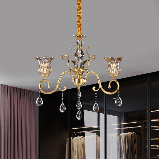 Vintage Brass Bellflower Hanging Light With Clear Glass Bulbs - Elegant Chandelier Scroll Arm