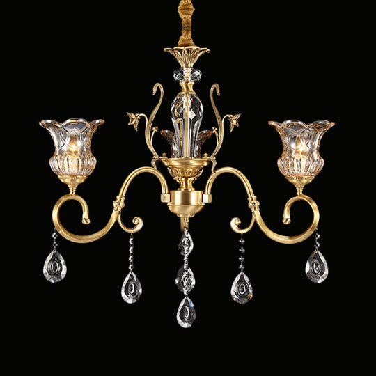 Vintage Brass Bellflower Hanging Chandelier with Clear Glass, 3 Bulbs, Scroll Arm, and Crystal Drops