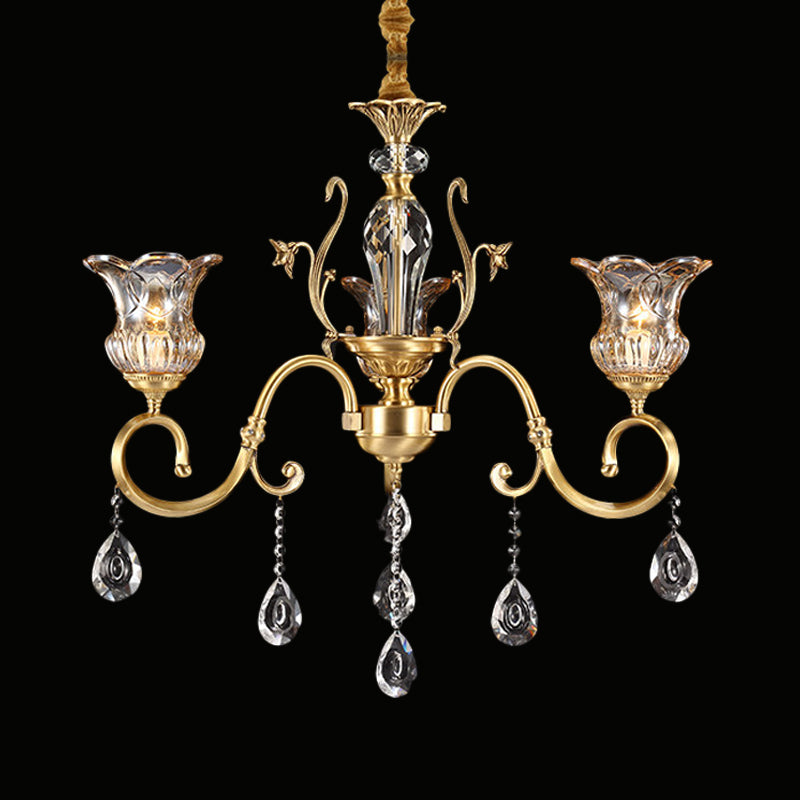 Vintage Brass Bellflower Hanging Light With Clear Glass Bulbs - Elegant Chandelier Scroll Arm