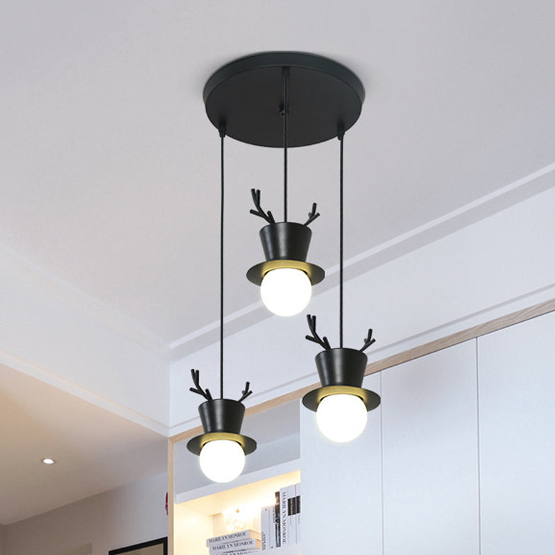 Antler Decor Black Cluster Pendant Nordic Style Ceiling Light With 3 Bulbs / Round