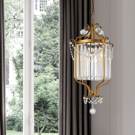 Vintage Crystal Prism Drum Pendant Light With Gold Scroll Frame - 3-Light Hanging Chandelier For