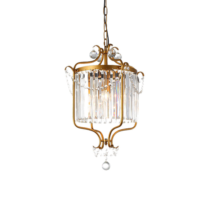 Vintage Crystal Prism Drum Pendant Light - 3-Light Chandelier with Gold Scroll Frame for Living Room