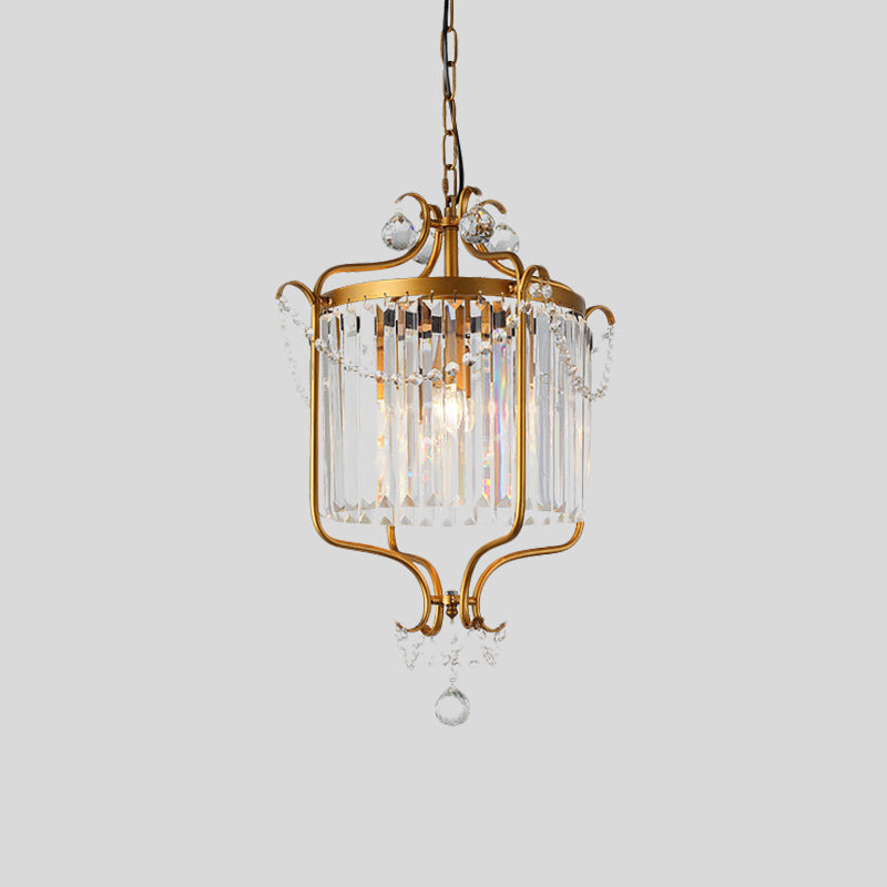 Vintage Crystal Prism Drum Pendant Light - 3-Light Chandelier with Gold Scroll Frame for Living Room