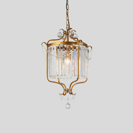 Vintage Crystal Prism Drum Pendant Light With Gold Scroll Frame - 3-Light Hanging Chandelier For