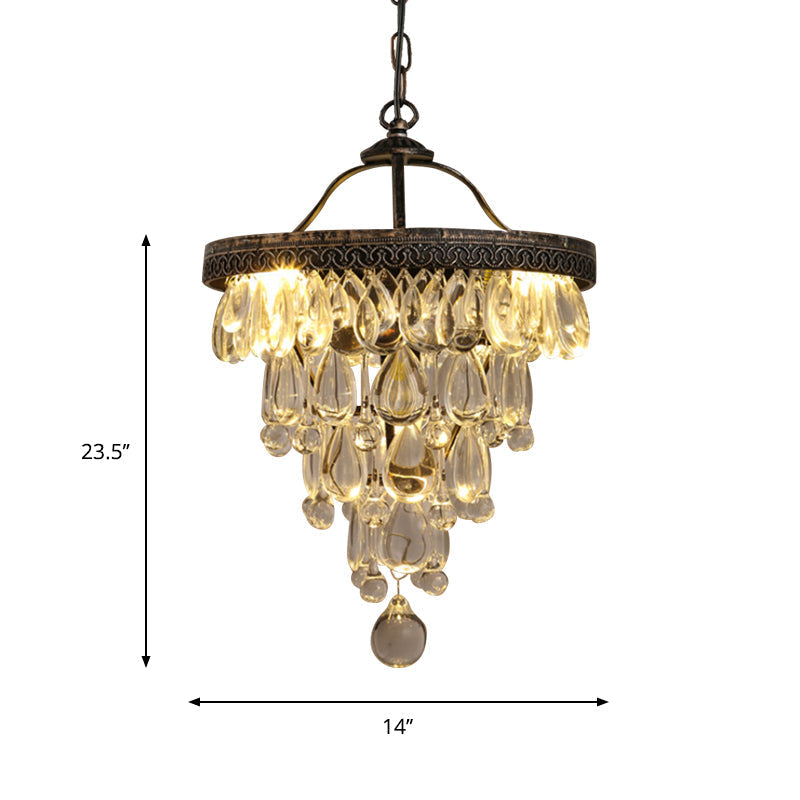 Teardrop Crystal Chandelier - Clear Countryside Décor 3-Light Bronze Hanging Light With Layered
