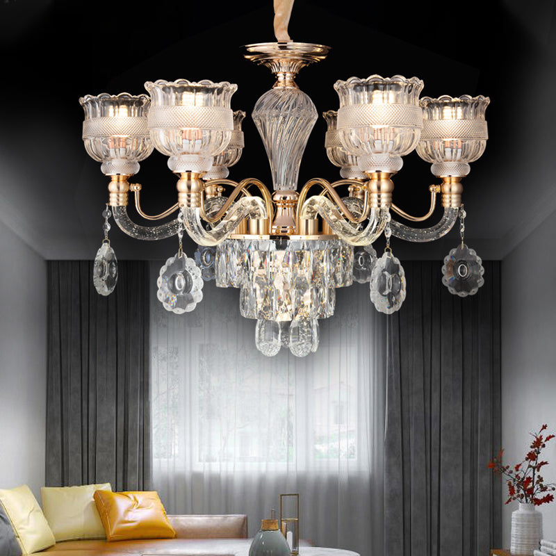 Clear Crystal Chandelier Lighting Fixture - 7-Bulb Rural Gold Scalloped Bowl Pendant For Dining Room