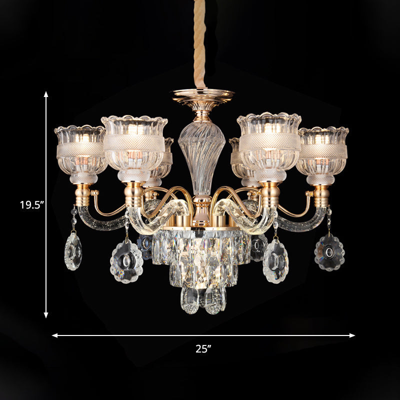 Clear Crystal Chandelier Lighting Fixture - 7-Bulb Rural Gold Scalloped Bowl Pendant For Dining Room