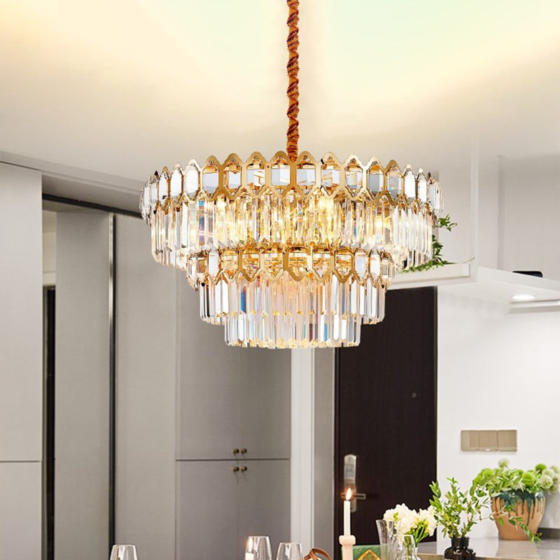 Rustic Gold Chandelier With Crystal Rod Shade - 8 Heads Ceiling Hanging Light Fixture For Dining