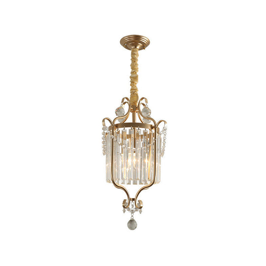 Country Style 1-Head Gold Pendant: Cylindrical K9 Crystal Hanging Lamp For Dining Room Downlighting