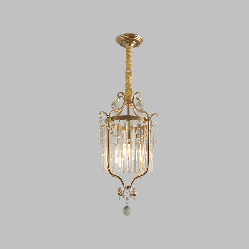 Country Style 1-Head Gold Pendant: Cylindrical K9 Crystal Hanging Lamp For Dining Room Downlighting