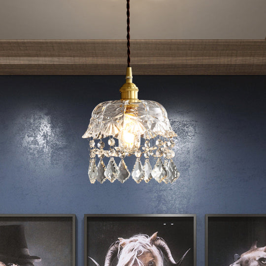 Modern Crystal Brass Pendant Lamp With Single Bulb For Bedside Or Ceiling Suspension