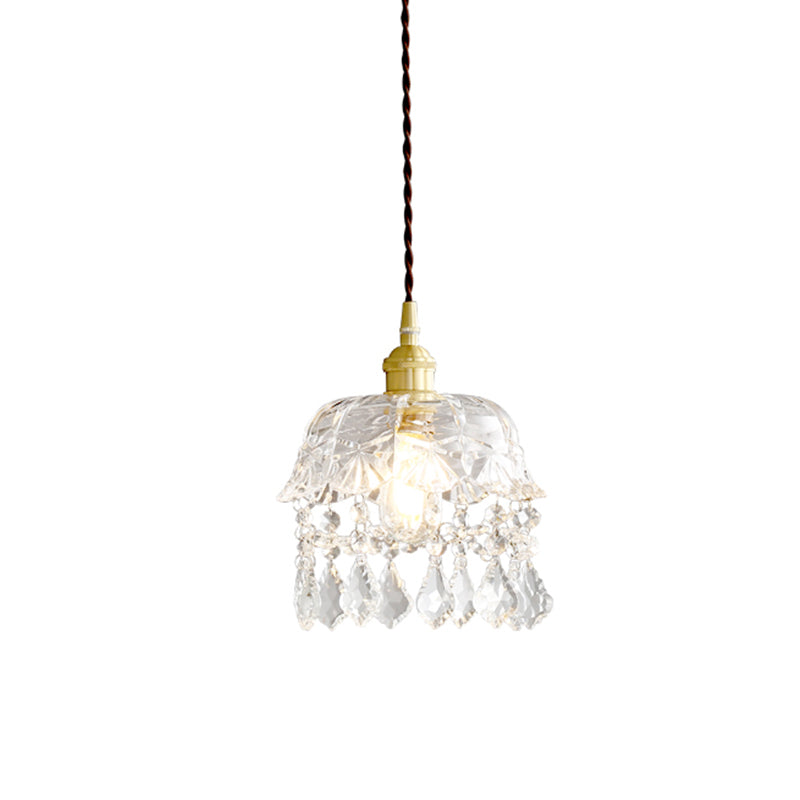 Modern Crystal Brass Bedside Pendulum Light - Single Bulb Ceiling Lamp