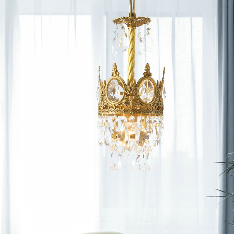 Vintage Gold Crown Crystal Droplet Pendant Light With Faceted Bulb - Living Room Ceiling Hanging