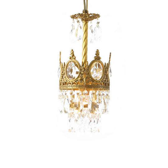 Vintage Gold Crown Crystal Droplet Pendant Light With Faceted Bulb - Living Room Ceiling Hanging