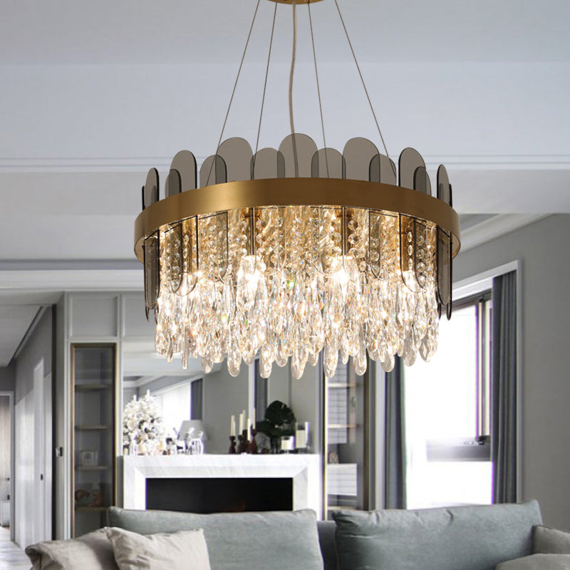 Retro Crystal Drum Chandelier - Gold Finish Pendant Light Fixture For Dining Room Ceiling Oval Panel