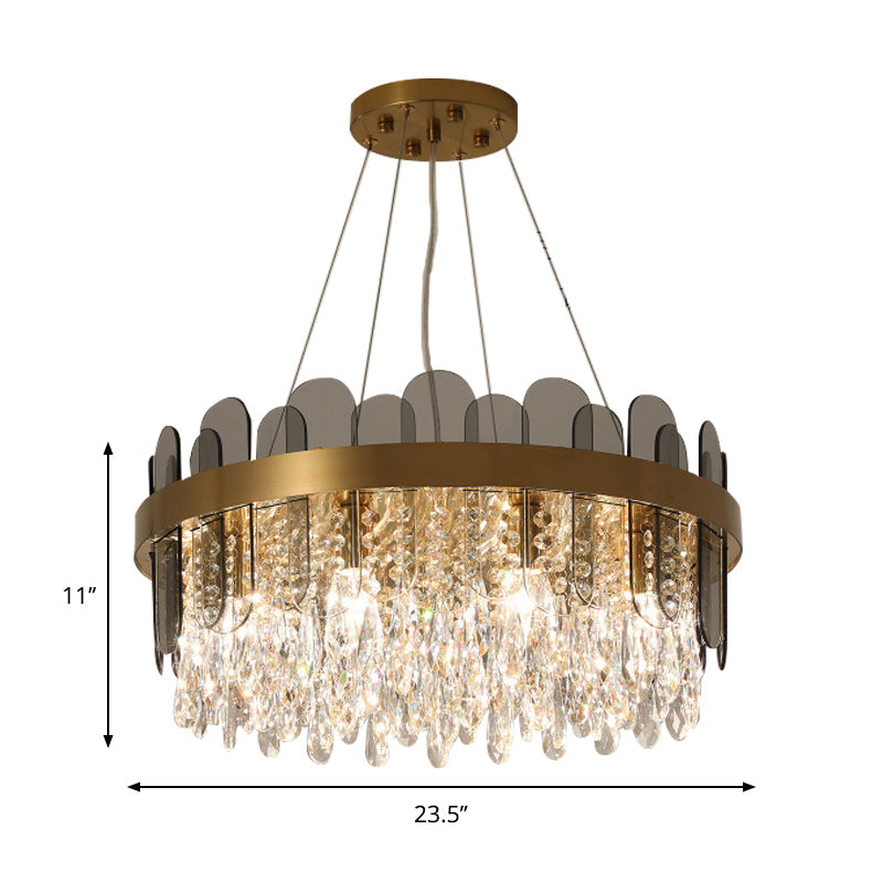 Retro Crystal Drum Chandelier - Gold Finish Pendant Light Fixture For Dining Room Ceiling Oval Panel