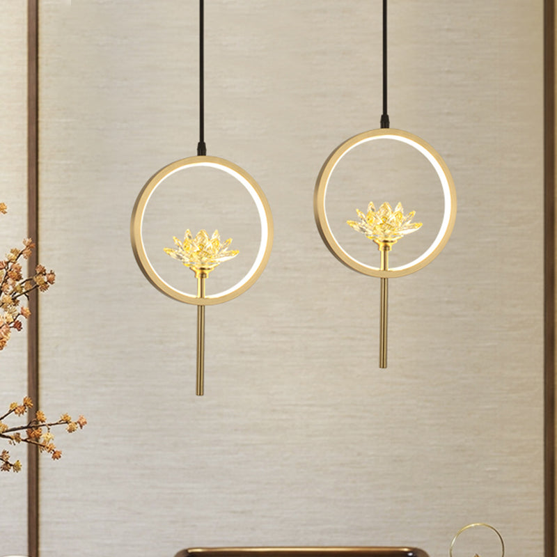 Gold Lotus Crystal Led Pendant Lamp With Minimalistic Design And Ring Arm