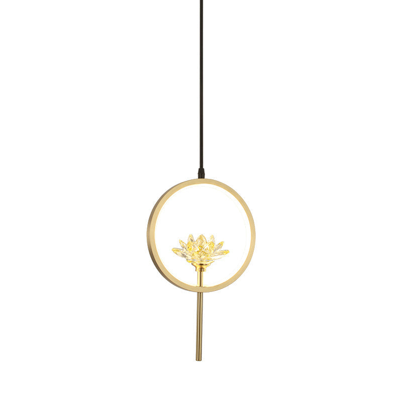 Gold Lotus Crystal Led Pendant Lamp With Minimalistic Design And Ring Arm