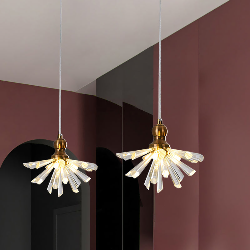 Gold Crystal Rod Pendant Light Fixture With Daisy Flower Art & Mini Hanging Lamp