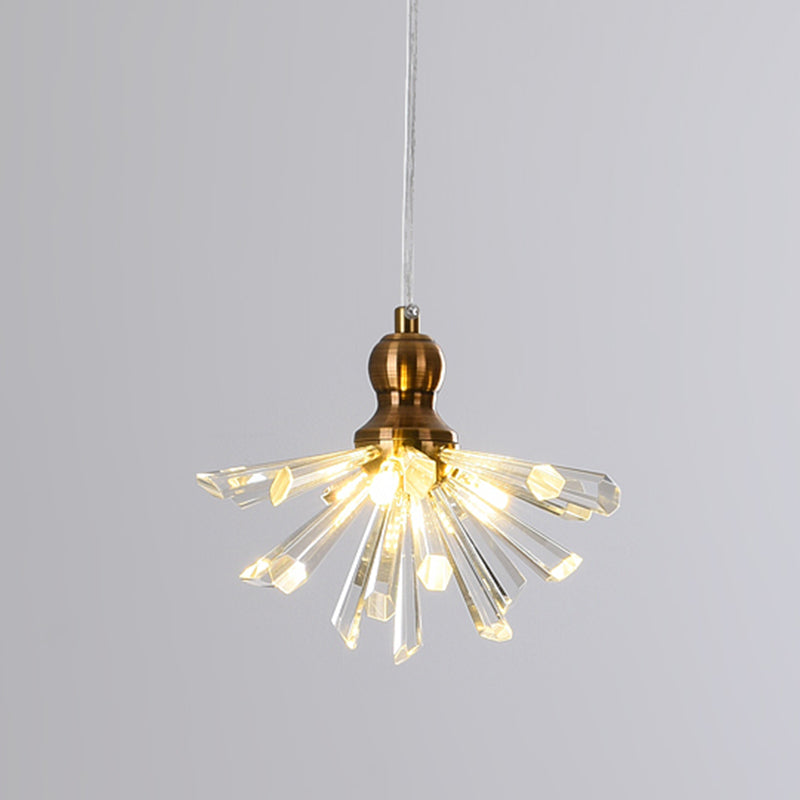 Gold Crystal Rod Pendant Light Fixture With Daisy Flower Art & Mini Hanging Lamp