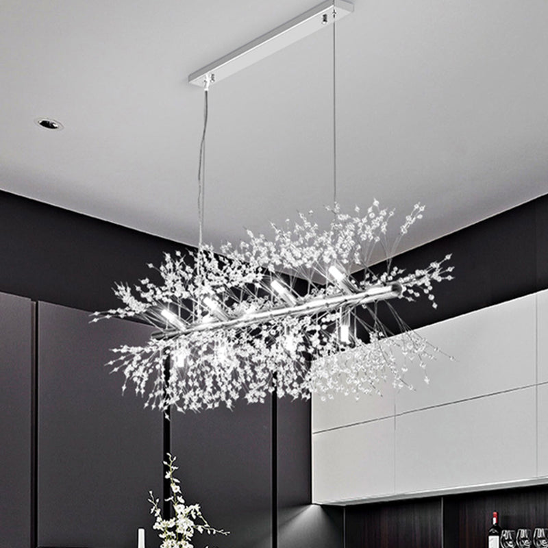 Modern Chrome Crystal Beaded Sprig Island Pendant Light With 12 Bulbs For Kitchen Hanging