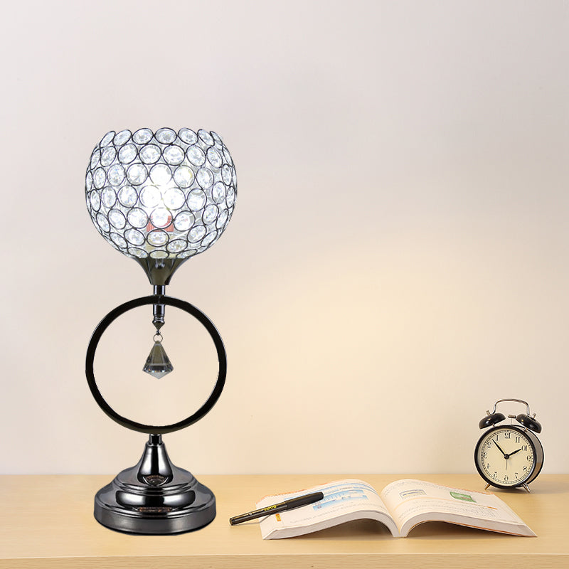 Modern Crystal Ring Base Silver Dome Table Lamp: Hollowed Out Design 1-Light Bedside Nightstand