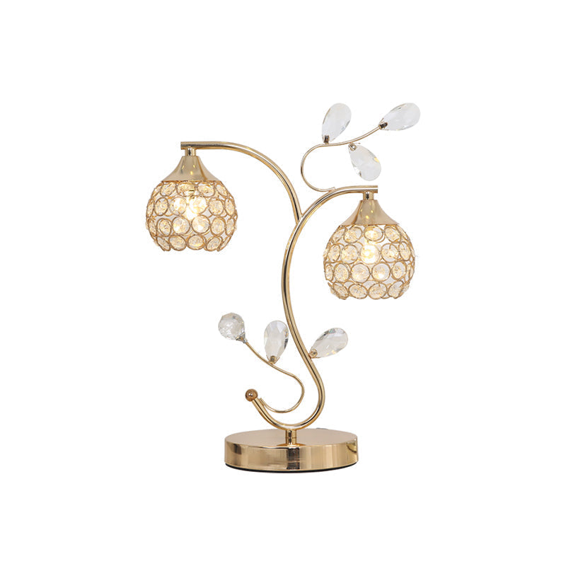 Modernist Flower Vine Table Light With Crystal-Encrusted Dome Shade - Gold