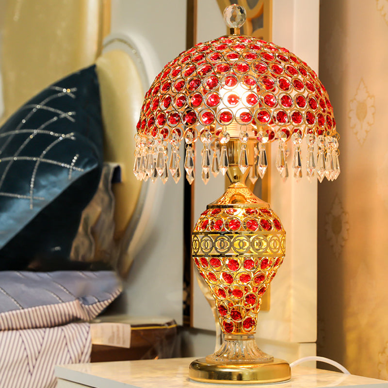 Retro Red Crystal Night Lamp With Gold Dome Lampshade: Table Light Droplet
