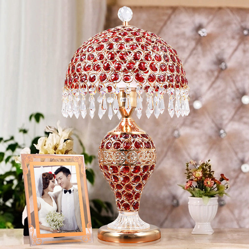 Retro Red Crystal Night Lamp With Gold Dome Lampshade: Table Light Droplet