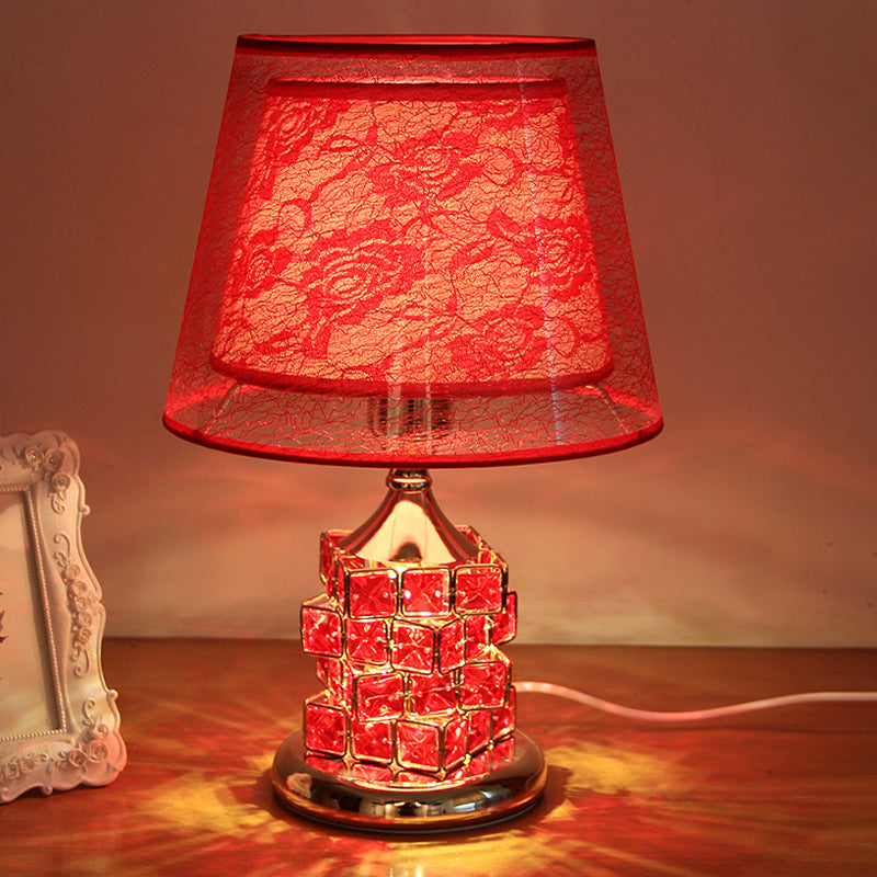 Vintage Rose Print Fabric Table Lamp - Romantic Red/Gold Dual Cone Shade Cube Crystal Base Red