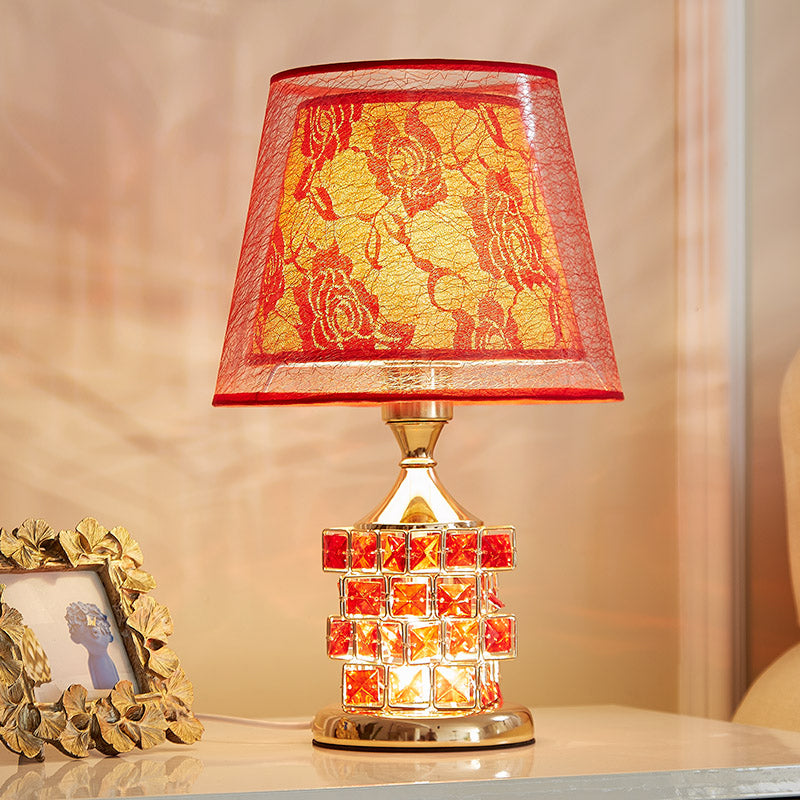 Vintage Rose Print Fabric Table Lamp - Romantic Red/Gold Dual Cone Shade Cube Crystal Base