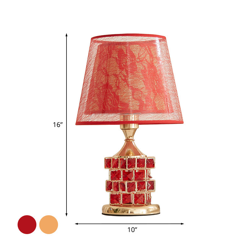 Vintage Rose Print Fabric Table Lamp - Romantic Red/Gold Dual Cone Shade Cube Crystal Base
