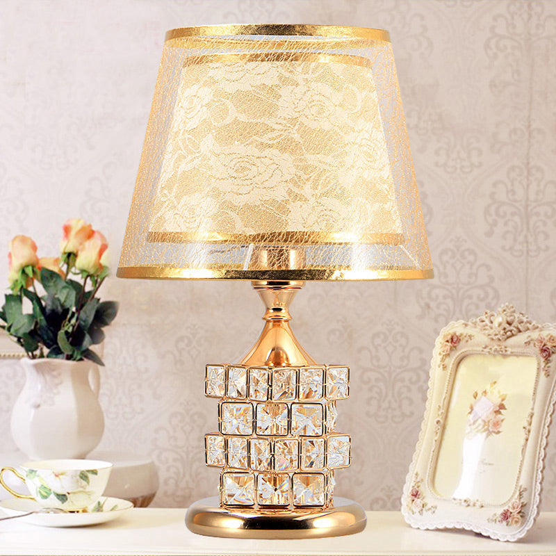 Vintage Rose Print Fabric Table Lamp - Romantic Red/Gold Dual Cone Shade Cube Crystal Base Gold