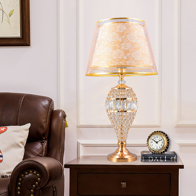 Traditional Crystal Teardrop Table Lamp With Patterned Fabric Shade - Gold Finish