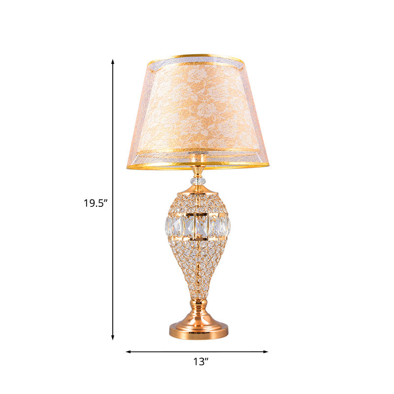 Traditional Crystal Teardrop Table Lamp With Patterned Fabric Shade - Gold Finish