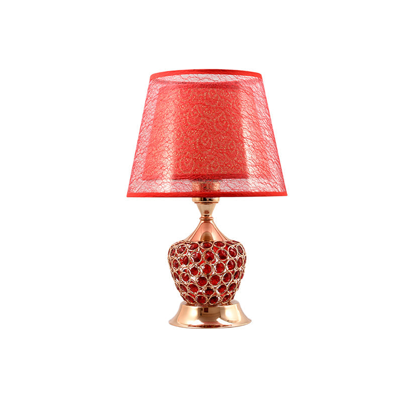 Retro Urn Crystal Nightstand Lamp With Dual Empire Shade In Red/Gold - 1 Light Table Lighting