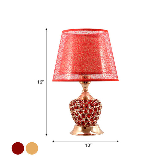 Retro Urn Crystal Nightstand Lamp With Dual Empire Shade In Red/Gold - 1 Light Table Lighting
