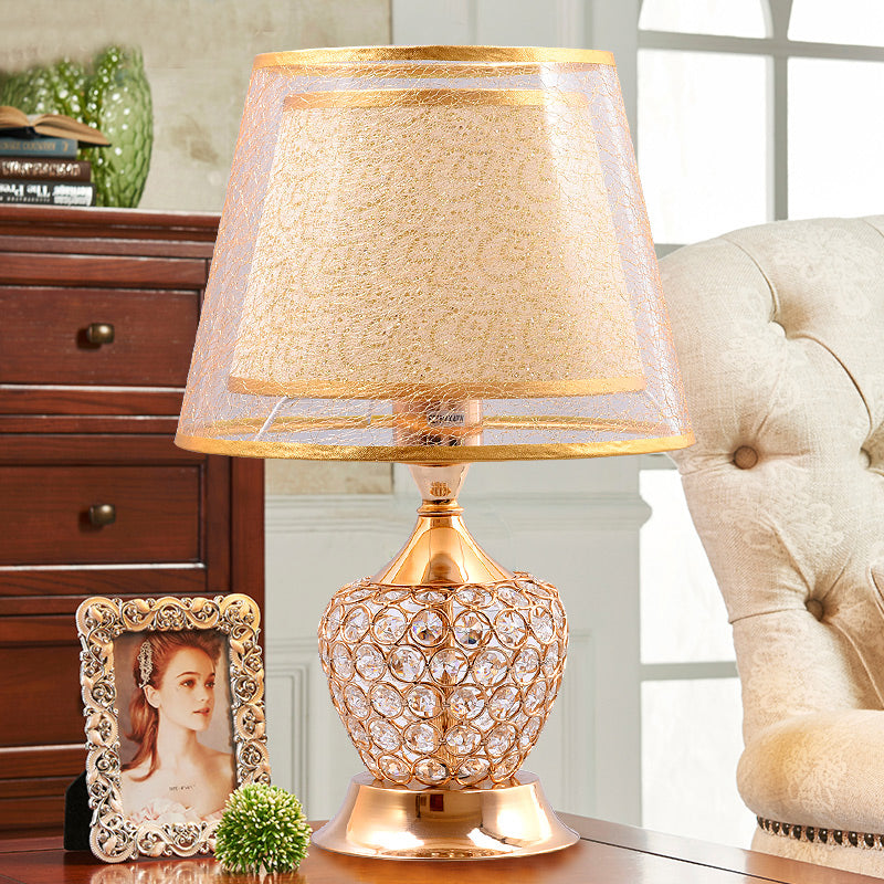 Retro Urn Crystal Nightstand Lamp With Dual Empire Shade In Red/Gold - 1 Light Table Lighting Gold