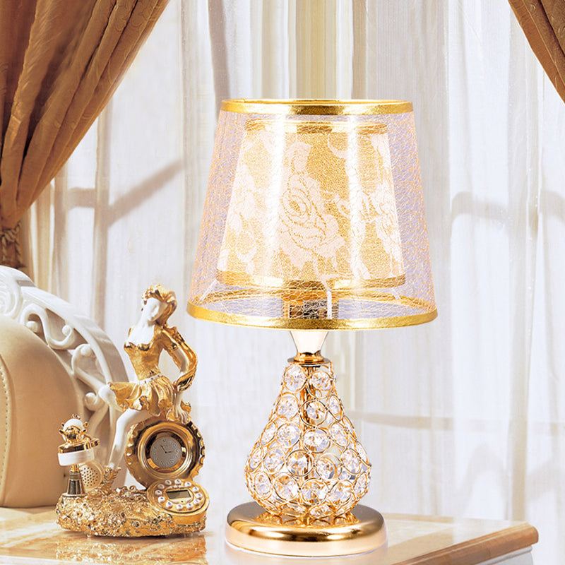 Rustic Conical Fabric Night Lamp With Crystal-Encrusted Gold Base