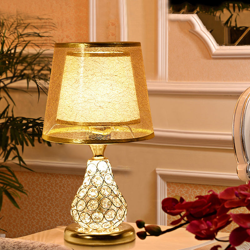 Rustic Conical Fabric Night Lamp With Crystal-Encrusted Gold Base