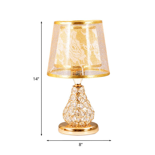 Rustic Conical Fabric Night Lamp With Crystal-Encrusted Gold Base