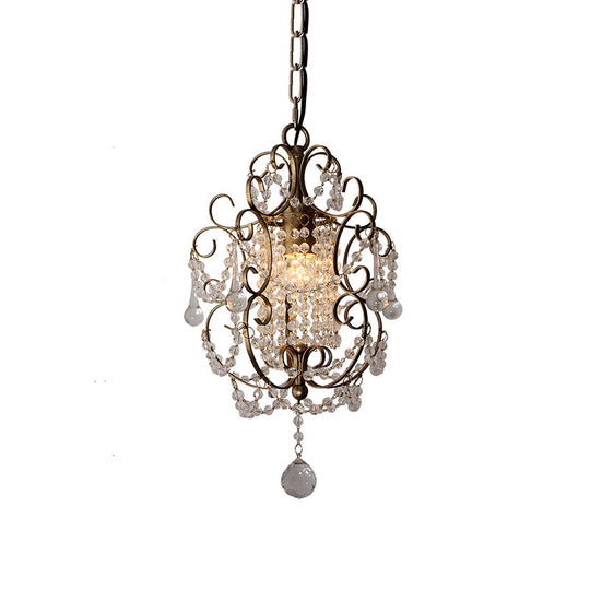 Retro Gold/Bronze Pendant Lamp With Crystal Beaded Scroll Arm - Hall Lighting